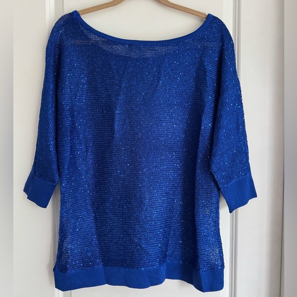 New Boston Proper Royal Blue Sequin Dolman Sleeve Knit Top Blouse Sweater Size L - Picture 4 of 8